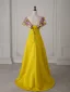 Vintage Gelb Applikationen Ballkleider 2025 A Linie Off Shoulder Kurze Ärmel Rückenfreies Sweep / Pinsel Zug Ball Festliche Kleider