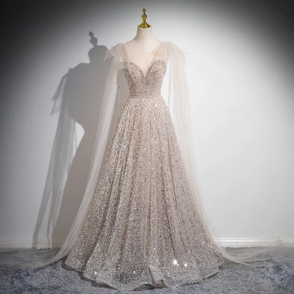 Charming Champagne Beading Sequins Prom Dresses 2024 A-Line / Princess Scoop Neck Short Sleeve Backless Floor-Length / Long Prom Formal Dresses