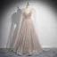 Charming Champagne Beading Sequins Prom Dresses 2024 A-Line / Princess Scoop Neck Short Sleeve Backless Floor-Length / Long Prom Formal Dresses