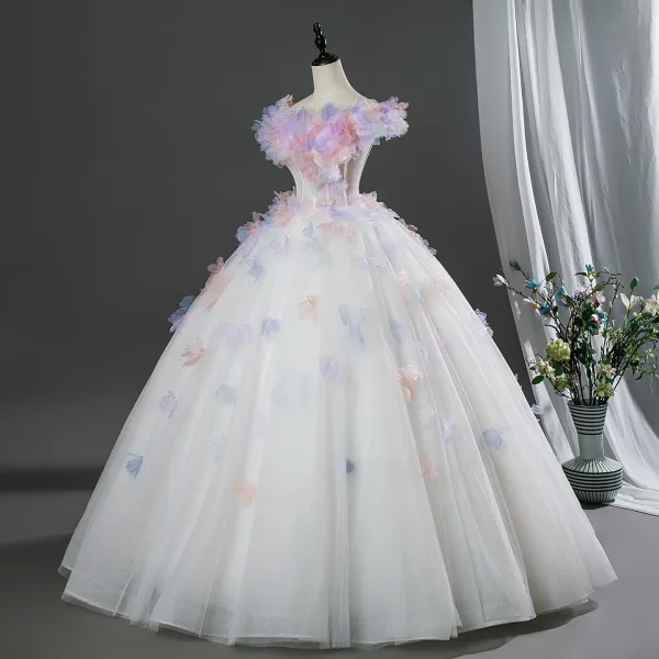 Blumenfee Multifarben Applikationen Weiß Ballkleider 2026 Ballkleid Rundhalsausschnitt Kurze Ärmel Rückenfreies Lange Festliche Kleider