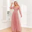 Elegant Blushing Pink Prom Dresses 2024 A-Line / Princess V-Neck Long Sleeve Backless Floor-Length / Long Prom Formal Dresses