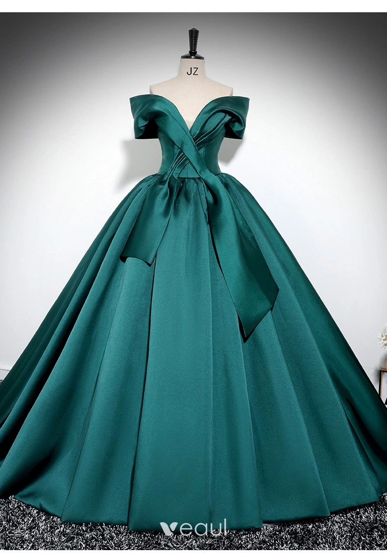 Elegant Dark Green Satin Prom Dresses 2024 Ball Gown Off-The-Shoulder Short  Sleeve Backless Floor-Length / Long Prom Formal Dresses