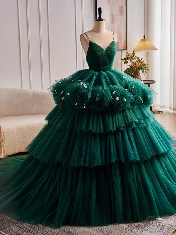 Elegant Dark Green Cascading Ruffles Ruffle Quinceañera Prom Dresses 2024 Ball Gown Spaghetti Straps Sleeveless Backless Court Train Formal Dresses Prom