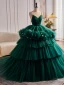 Elegant Dark Green Cascading Ruffles Ruffle Quinceañera Prom Dresses 2024 Ball Gown Spaghetti Straps Sleeveless Backless Court Train Formal Dresses Prom