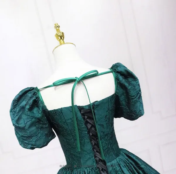 Vintage / Retro Dark Green Printing Prom Dresses 2025 Ball Gown Square Neckline Puffy Short Sleeve Backless Floor-Length / Long Prom Formal Dresses