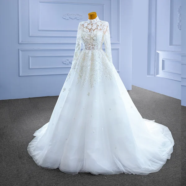 High-end White Beading Lace Flower Wedding Dresses 2022 Ball Gown High Neck Long Sleeve Backless Floor-Length / Long Wedding