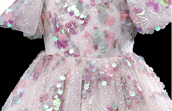 Bling Bling Blushing Pink Beading Sequins Lace Flower Birthday Flower Girl Dresses 2024 Ball Gown Scoop Neck Puffy Short Sleeve Floor-Length / Long