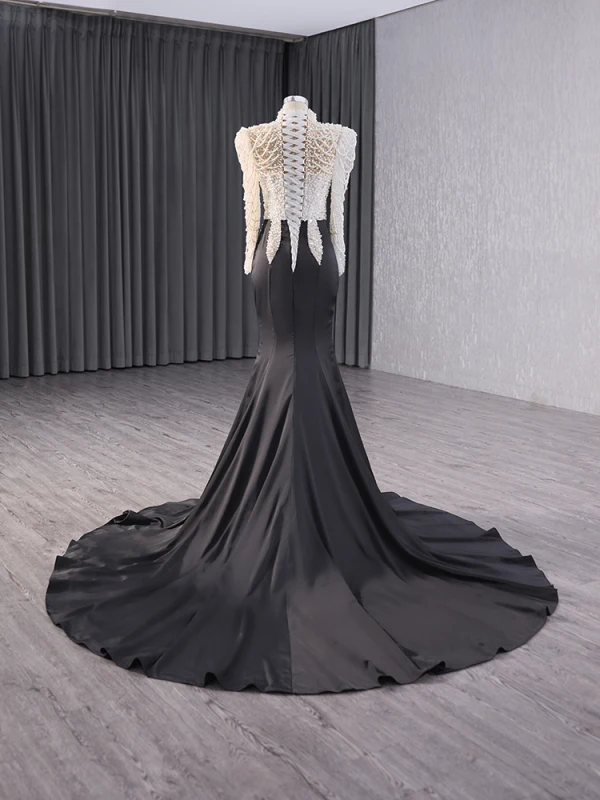 Haut de Gamme Deux tons Blanche Noire Fait main Perlage Perle Paillettes Robe De Soirée 2024 Trompette / Sirène Col Haut Manches Longues Tribunal Train Soirée