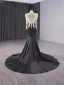 Haut de Gamme Deux tons Blanche Noire Fait main Perlage Perle Paillettes Robe De Soirée 2024 Trompette / Sirène Col Haut Manches Longues Tribunal Train Soirée