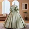 Elegant Sage Green Satin Prom Dresses 2023 Ball Gown Scoop Neck Puffy Short Sleeve Pearl Bow Backless Floor-Length / Long Prom Formal Dresses