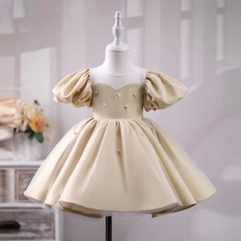 Chic Belle Champagne Perle Courte Anniversaire Robe Ceremonie Fille 2023 Robe Boule Encolure Dégagée Gonflée Manches Courtes Tulle