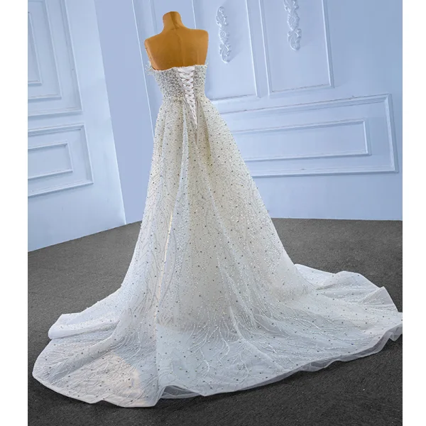 High End Weiß Perlenstickerei Perle Strass Brautkleider / Hochzeitskleider 2022 Meerjungfrau Bandeau Ärmellos Rückenfreies Hof-Schleppe Hochzeit