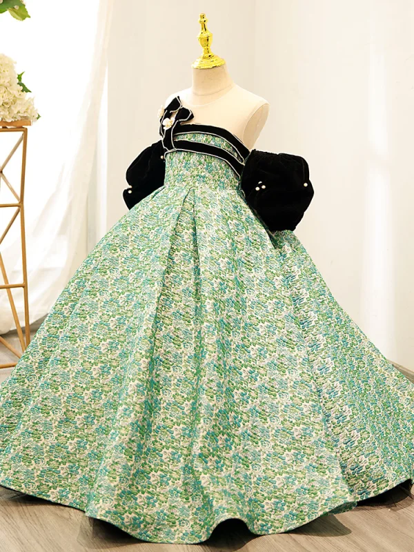 Elegant Sage Green Floral Birthday Flower Girl Dresses 2024 Ball Gown Strapless Bow Rhinestone Short Sleeve Backless Floor-Length / Long