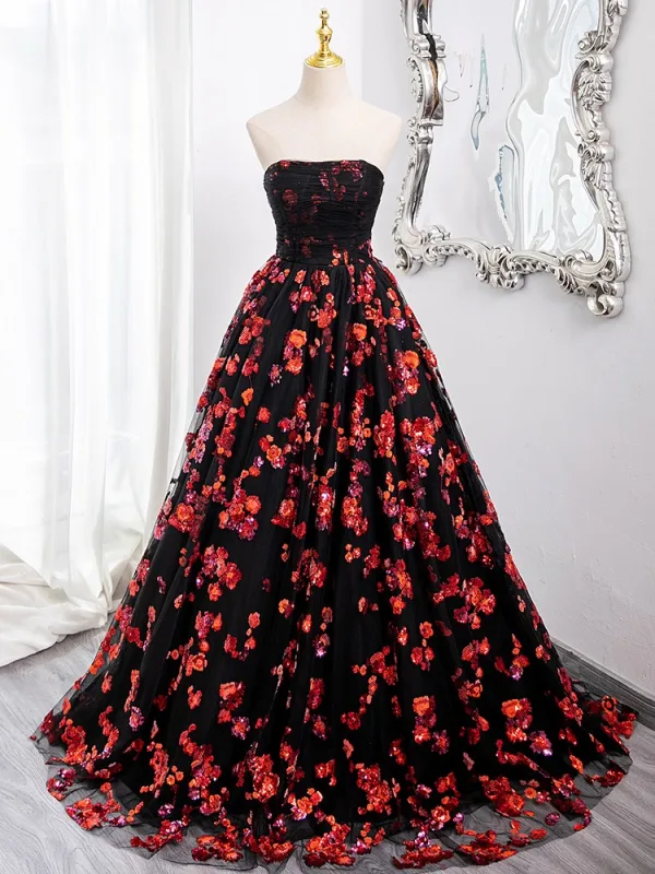 Schöne Schwarz Pailletten Ballkleider 2024 Ballkleid Bandeau Ärmellos Rückenfreies Lange Ball Festliche Kleider