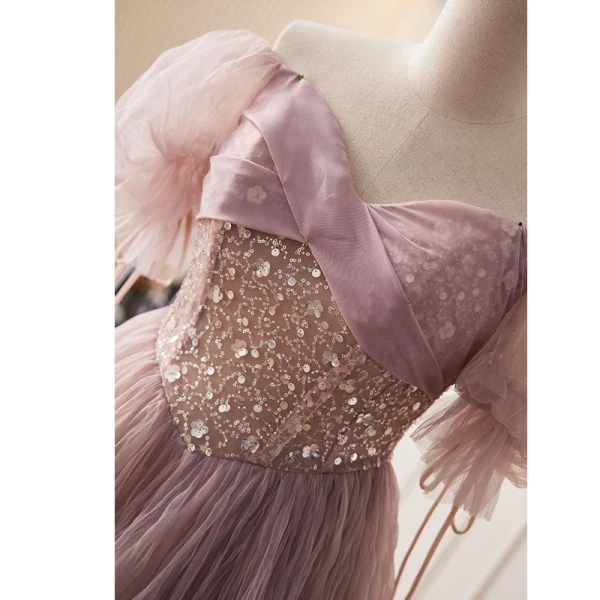 Charmant Dunkel Rosa Glanz Perlenstickerei Pailletten Ballkleider 2023 A Linie Off Shoulder Kurze Ärmel Rückenfreies Lange Ball Festliche Kleider