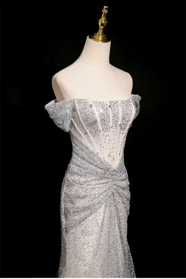 Charming Sparkly Silver Handmade Beading Sequins Evening Dresses 2025 Trumpet / Mermaid Off-The-Shoulder Short Sleeve Backless Floor-Length / Long Evening Party Formal Dresses