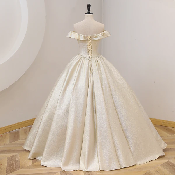 Élégant Champagne Glitter Robe De Bal 2022 Robe Boule De l'épaule Manches Courtes Dos Nu Longue Promo Robe De Ceremonie