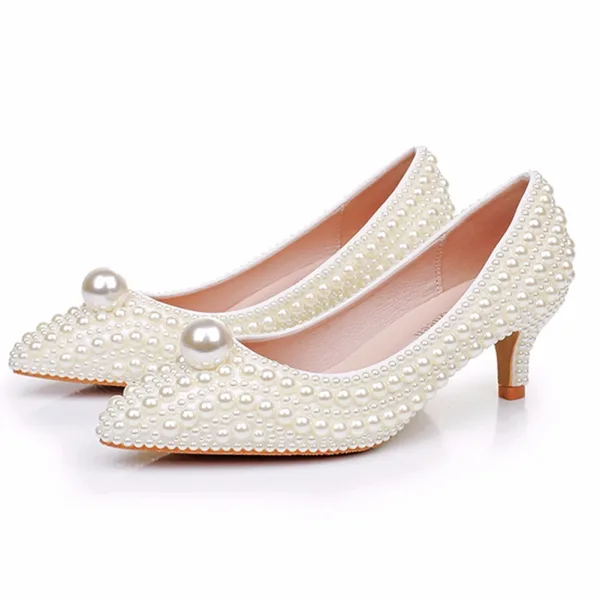 Elegante Witte Parel Bruidsschoenen 2025 5 cm Naaldhakken / Stiletto Spitse Neus Huwelijk Pumps Hoge Hakken