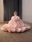 Luxury / Gorgeous Blushing Pink Handmade  Beading Sequins Cascading Ruffles Prom Dresses 2026 Ball Gown Strapless Sleeveless Backless Royal Train Formal Dresses