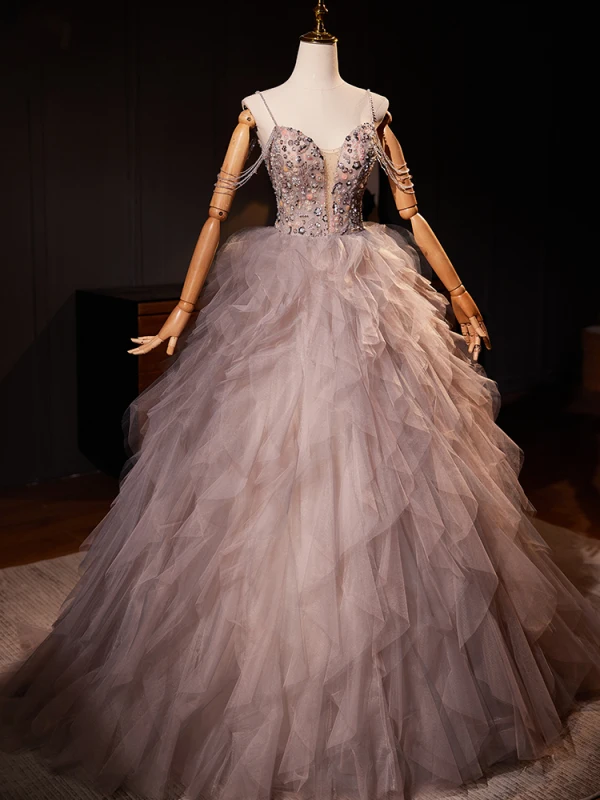 High-end Grey Beading Pearl Sequins Cascading Ruffles Prom Dresses 2024 Ball Gown Spaghetti Straps Sleeveless Backless Floor-Length / Long Prom Formal Dresses