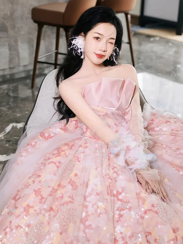 Charming Candy Pink Appliques Prom Dresses 2024 Ball Gown Strapless Sleeveless Backless Floor-Length / Long Prom Formal Dresses