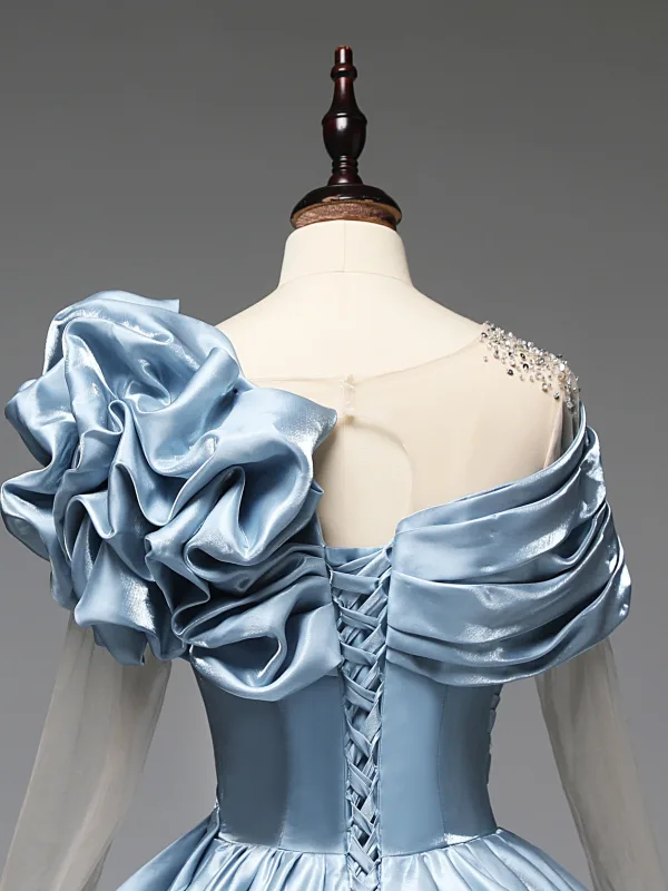 Elegant Sky Blue Sequins Prom Dresses 2025 Ball Gown Scoop Neck Long Sleeve Backless Floor-Length / Long Formal Dresses
