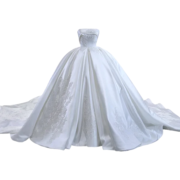 High-end Ivory Satin Lace Flower Wedding Dresses 2023 Ball Gown Strapless Sleeveless Backless Royal Train Wedding