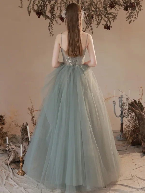 Charming Sage Green Prom Dresses 2022 A-Line / Princess Spaghetti Straps Sleeveless Backless Beading Floor-Length / Long Prom Formal Dresses