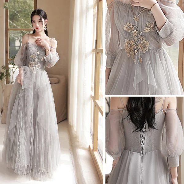 Modest / Simple Grey Lace Flower Bridesmaid Dresses 2022 A-Line / Princess Short Sleeve Backless Floor-Length / Long Wedding Party Dresses