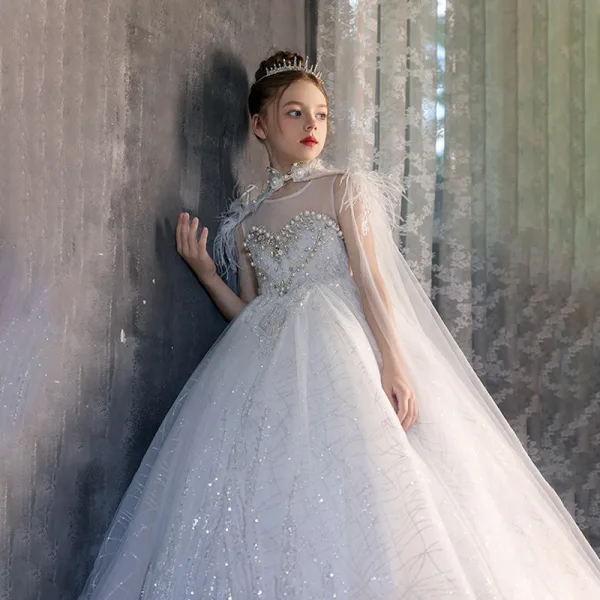 Charming White Beading Pearl Rhinestone Sequins Tassel Birthday Flower Girl Dresses 2025 Ball Gown Scoop Neck Sleeveless Sweep Train