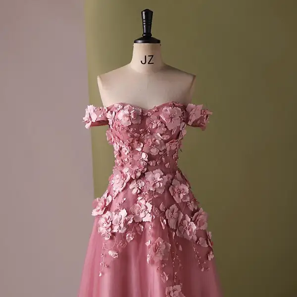 Chic / Beautiful Blushing Pink Pearl Appliques Prom Dresses 2024 A-Line / Princess Off-The-Shoulder Sleeveless Backless Floor-Length / Long Prom Formal Dresses