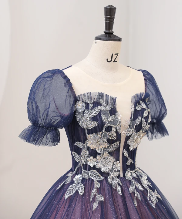 Vintage / Originale Bleu Marine Paillettes Robe De Bal 2022 Robe Boule Encolure Dégagée Manches Courtes Dos Nu Longue Promo Robe De Ceremonie