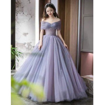 Chic Belle Lavande Perlage Plissée Robe De Bal 2023 Princesse De L Épaule Manches Courtes Dos Nu Longue Promo Robe De Ceremonie