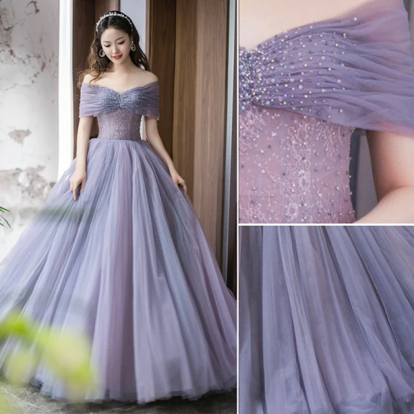 Chic / Beautiful Lavender Beading Pleated Prom Dresses 2023 A-Line / Princess Off-The-Shoulder Short Sleeve Backless Floor-Length / Long Prom Formal Dresses