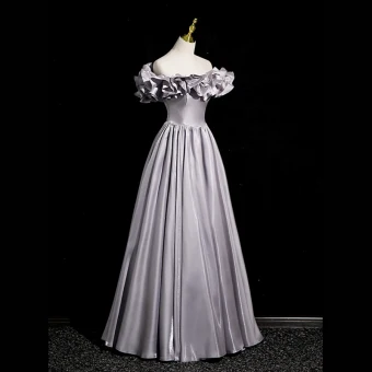 Chic Beautiful Grey Satin Prom Dresses 2023 A Line Princess Ruffle Off The Shoulder Sleeveless Backless Floor Length Long Prom Formal Dresses