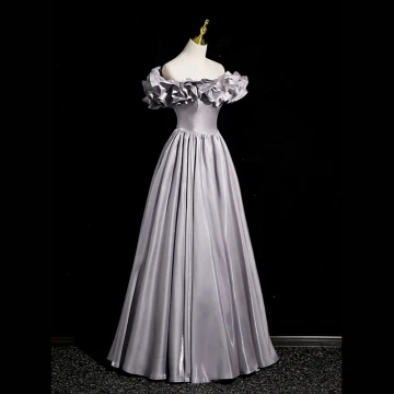 Chic Beautiful Grey Satin Prom Dresses 2023 A Line Princess Ruffle Off The Shoulder Sleeveless Backless Floor Length Long Prom Formal Dresses
