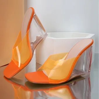 Transparent Été Orange Cocktail Sandales Femme 2022 9 Cm Cristal Compensées Peep Toes Bout Ouvert Sandales Talons Hauts