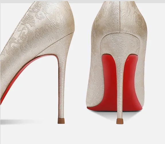 Mooie / Prachtige Champagne Rode Zool Avond Pumps 2025 Leer 10 cm Naaldhakken / Stiletto Spitse Neus Pumps Hoge Hakken