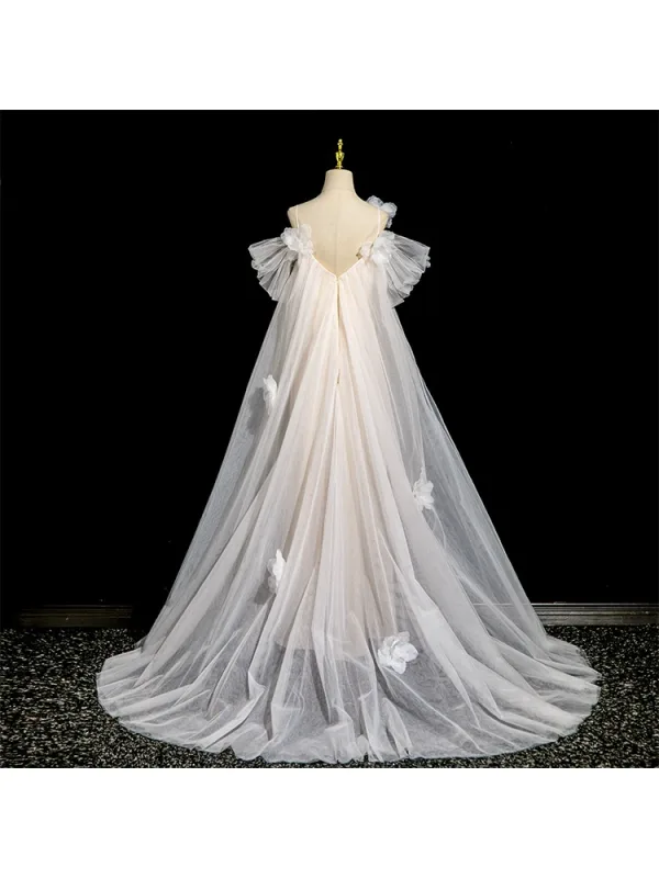 Charmant Blanche Appliques Robe De Bal 2025 Princesse Bretelles Spaghetti Manches Courtes Dos Nu Longue Robe De Ceremonie