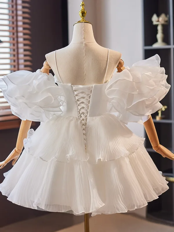 Mode Blanche Volants en Cascade Robe De Mariée Courte 2024 Robe Boule Bretelles Spaghetti Manches amovibles Dos Nu Robe De Mariée