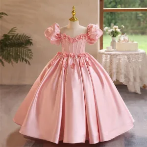 Lovely Blushing Pink Appliques Birthday Flower Girl Dresses 2024 Ball Gown Square Neckline Puffy Short Sleeve Backless Floor Length Long Flower Girl Dresses
