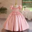 Lovely Blushing Pink Appliques Birthday Flower Girl Dresses 2024 Ball Gown Square Neckline Puffy Short Sleeve Backless Floor-Length / Long Flower Girl Dresses