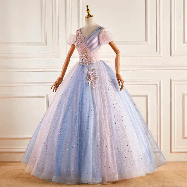 Chic / Beautiful Gradient-Color Pearl Sequins Lace Flower Prom Dresses 2022 Ball Gown V-Neck Short Sleeve Backless Bow Floor-Length / Long Prom Formal Dresses