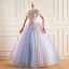 Chic / Beautiful Gradient-Color Pearl Sequins Lace Flower Prom Dresses 2022 Ball Gown V-Neck Short Sleeve Backless Bow Floor-Length / Long Prom Formal Dresses