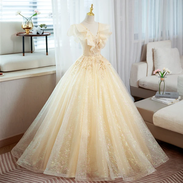 Charming Champagne Beading Sequins Prom Dresses 2022 Ball Gown V-Neck Sleeveless Backless Floor-Length / Long Prom Formal Dresses