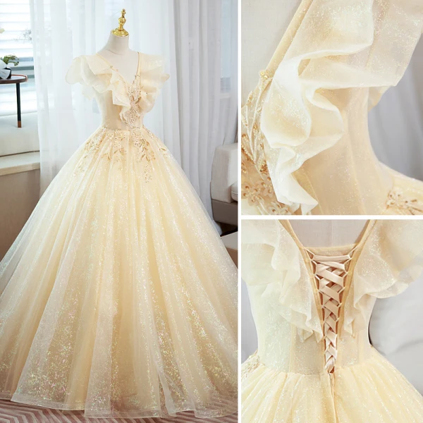 Charming Champagne Beading Sequins Prom Dresses 2022 Ball Gown V-Neck Sleeveless Backless Floor-Length / Long Prom Formal Dresses