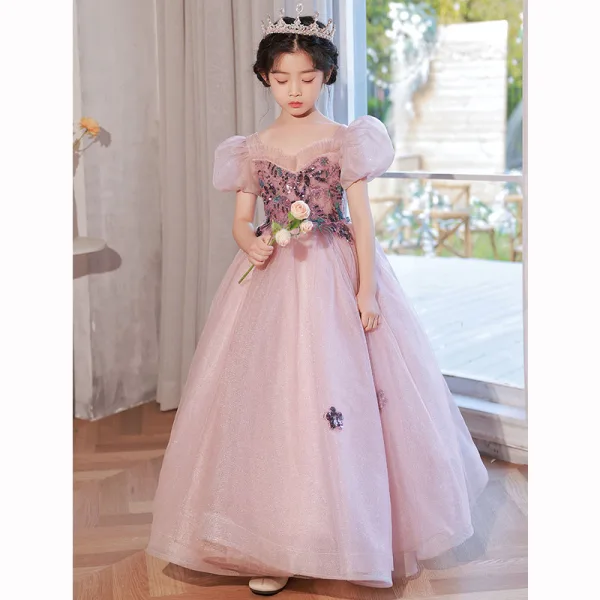 Chic / Beautiful Blushing Pink Sequins Birthday Flower Girl Dresses 2022 Ball Gown Square Neckline Puffy Short Sleeve Backless Floor-Length / Long Flower Girl Dresses