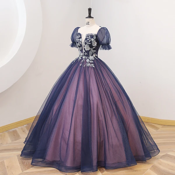 Vintage / Originale Bleu Marine Paillettes Robe De Bal 2022 Robe Boule Encolure Dégagée Manches Courtes Dos Nu Longue Promo Robe De Ceremonie