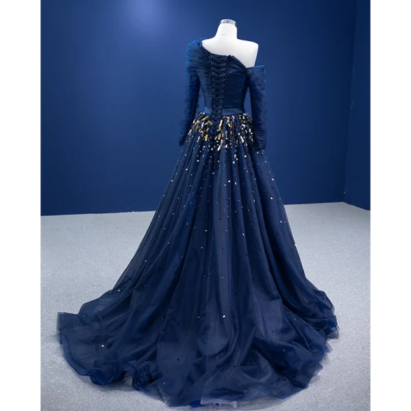 Vintage High End Marineblau Pailletten Ballkleider 2022 A Linie One-Shoulder Lange Ärmel Rückenfreies Sweep / Pinsel Zug Ball Festliche Kleider
