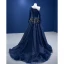 Vintage High End Marineblau Pailletten Ballkleider 2022 A Linie One-Shoulder Lange Ärmel Rückenfreies Sweep / Pinsel Zug Ball Festliche Kleider